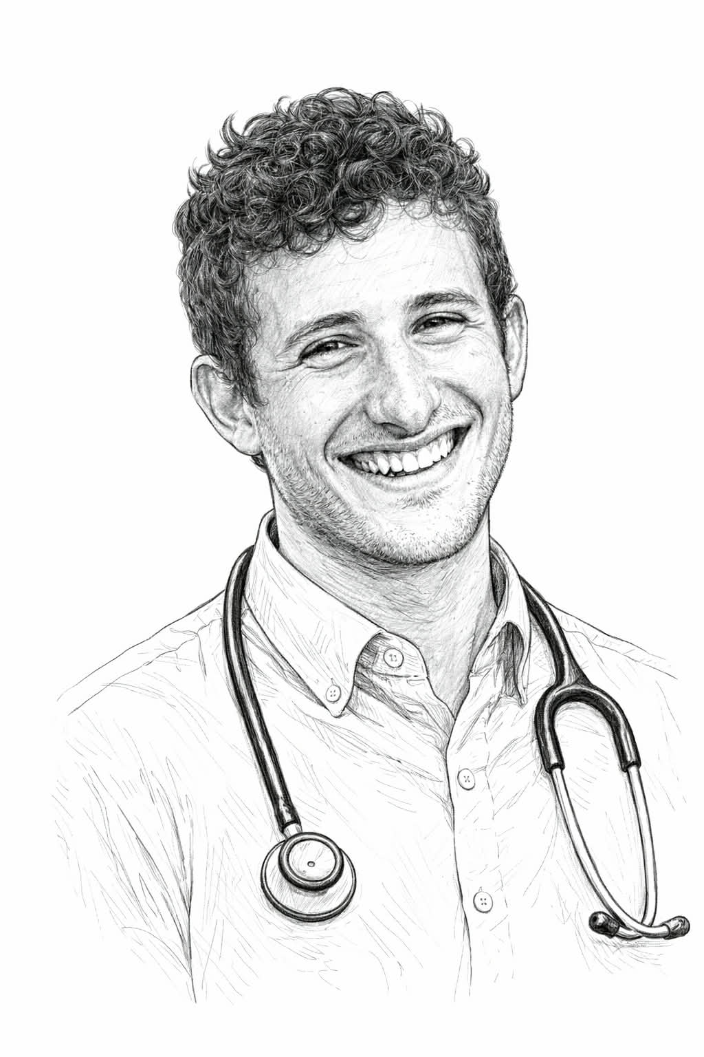 Line-drawing portrait of Dr Taylan Gurgenci, a Supportive and Palliative Care specialist, smiling and wearing a stethoscope.